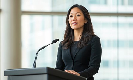An Asian woman standing at the podium in front of large windows, speaking to her audience. 