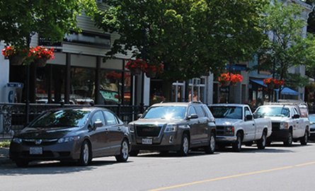 Cars parked on a downtown street
