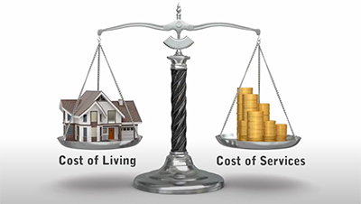 Scales showing cost of living versus cost of services