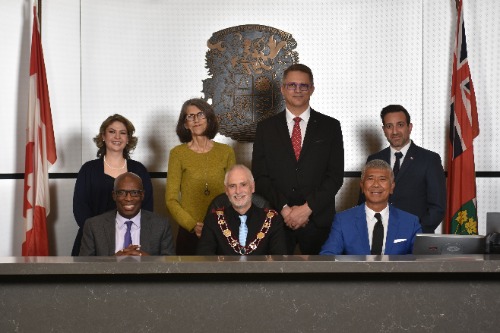 Back row: Councillor Corinna Traill, Councillor Margaret Zwart, Councillor Lloyd Rang, and Councillor Sami Elhajjeh. Front row: Regional Councillor Granville Anderson, Mayor Adrian Foster, and Regional Councillor Willie Woo