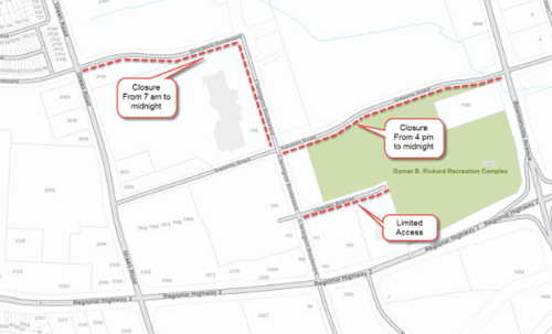 A map showing where road closures are located in Bowmanville