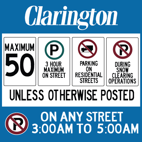 Clarington road sign showing basic parking regulations