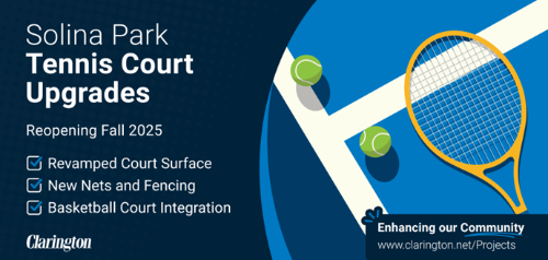 Text: Solina Park Tennis Court Upgrades. Reopening fall 2025. Revamped court surface. New nets and fencing. Basketball court integration. Enhancing our community www.clarington.net/projects. Graphic illustration of tennis racket and tennis balls.