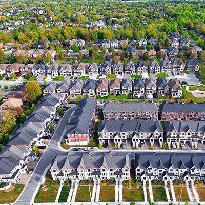 Aerial view of new development of townhomes
