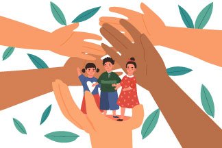 Illustrated hands holding up children to keep them safe.