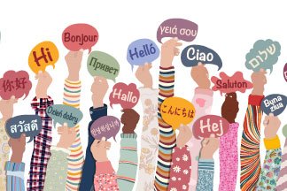 Many hands raised of diverse and multicultural children and teens holding speech bubbles with text -hallo- in various international languages. 