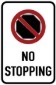 Image of a 'No Stopping' sign. A octagon with in circle with a line through it and the words 'no stopping' underneath.