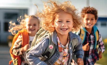 Three kids with backpacks running towards the camera.