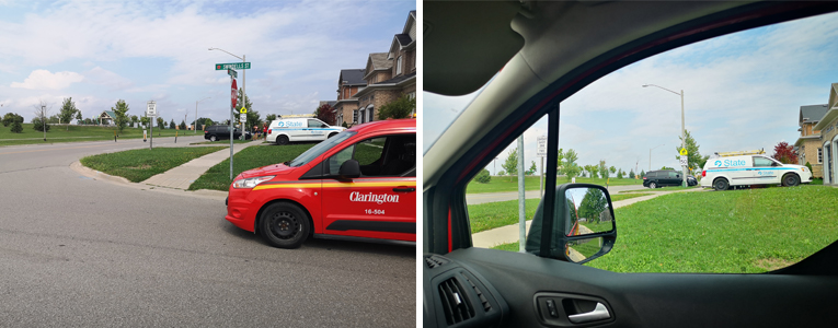 Car stopped at stop sign with obstructed view