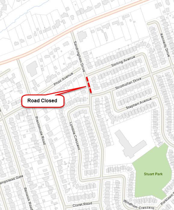 Map showing road closure on Sandringham Drive between Stirling Avenue and Strathallan Drive.