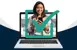 Women on her phone in front of a laptop with checkmark on top.