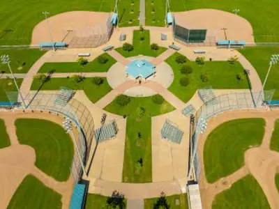 Aerial view of baseball diamonds at Clarington Fields.