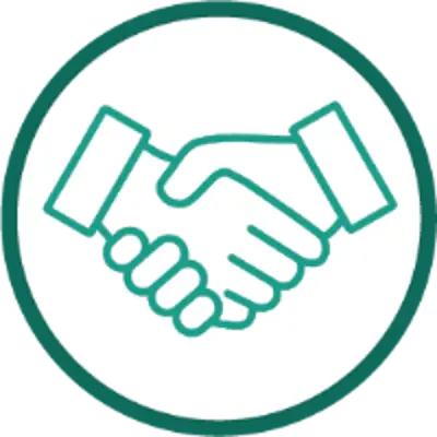 Icon symbolizing respect: two green-outlined hands shaking, enclosed within a green circle to represent agreement and mutual understanding.