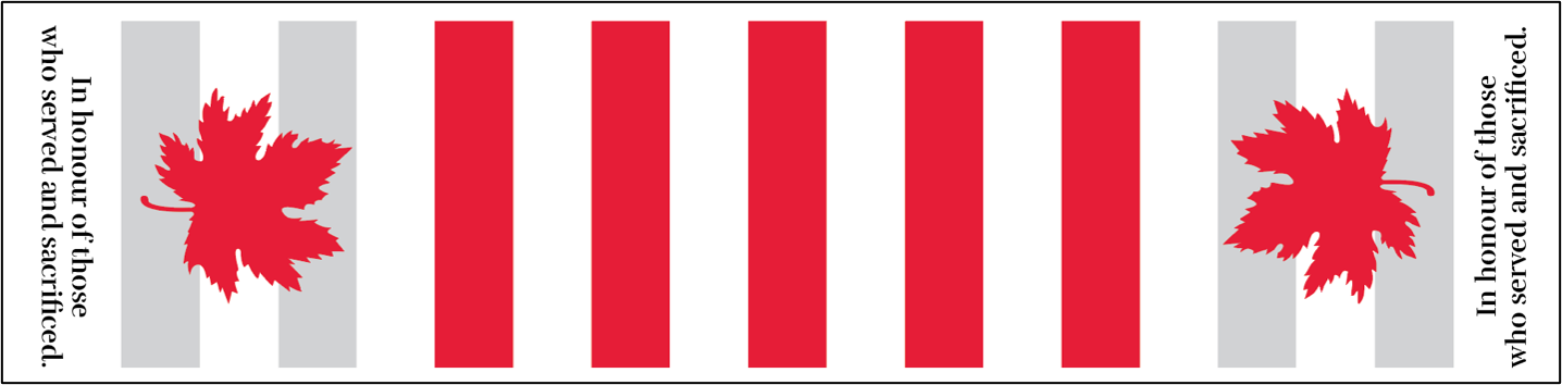 New Veteran Crosswalk design featuring red and white stripes with a maple leaf at each end and a quote "In honour of those who served and sacrificed."