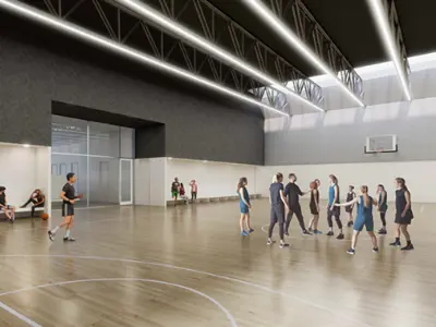 Rending of New indoor, fully accessible gym with two FIBA regulation basketball courts