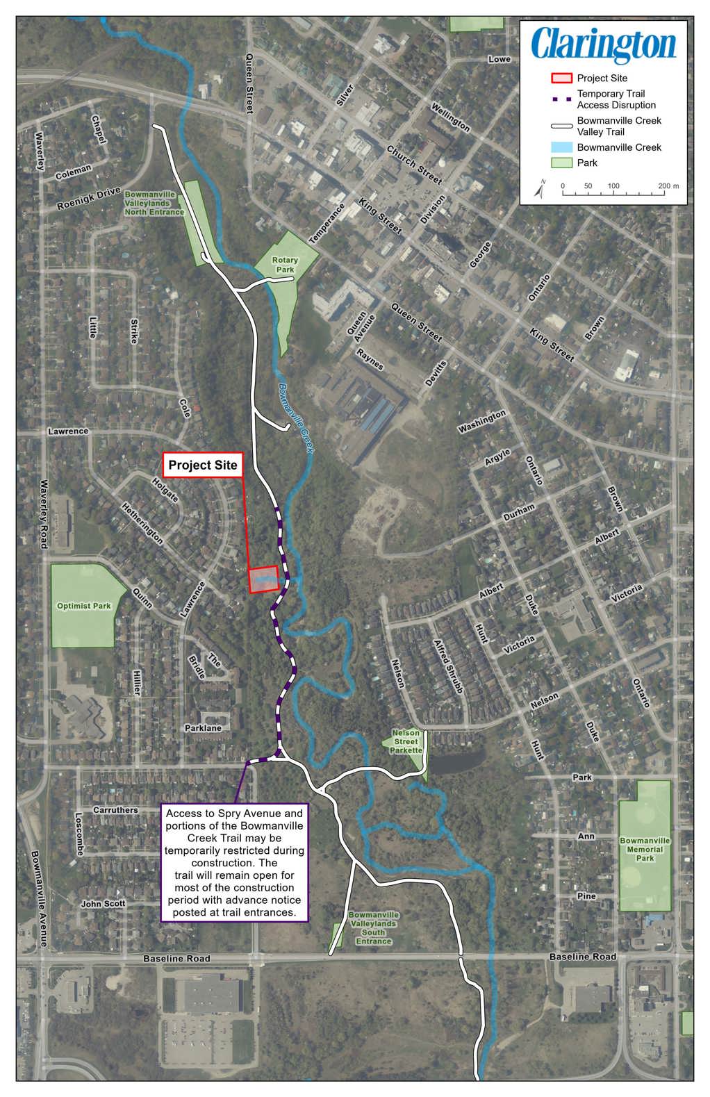 Map showing the project site along side Spry Avenue and the Bowmanville Creek Trail.