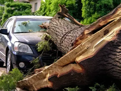 A large tree down on the street in front of a parked car.