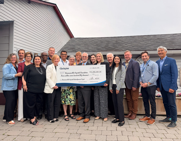 At the Bowmanville Hospital Foundation’s Annual General Meeting, Mayor Adrian Foster and members of Clarington Council joined Maria Petri, CEO of the Bowmanville Hospital Foundation, and Cynthia Davis, President and CEO of Lakeridge Health, Bowmanville Hospital Foundation Board members, and Lakeridge Health leaders to present the second $3.75 million cheque, fulfilling Clarington’s historic $7.5 million donation to the Bowmanville Hospital redevelopment.