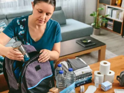 A women in her living room packing an emergency kit with canned goods, water, toilet paper and a first aid kit.