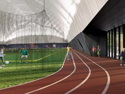 Rending of a FIFA-sized multi-sport dome with indoor walking track