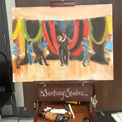 An image of the completed painting of the dancers during the event's opening ceremony.