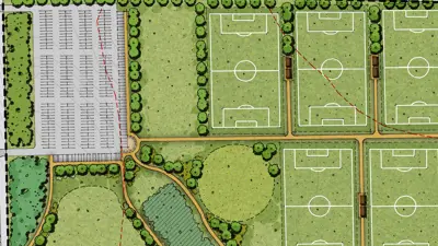 A cropped map of the event grounds area showing a possible design that includes parking, sports fields and event space.