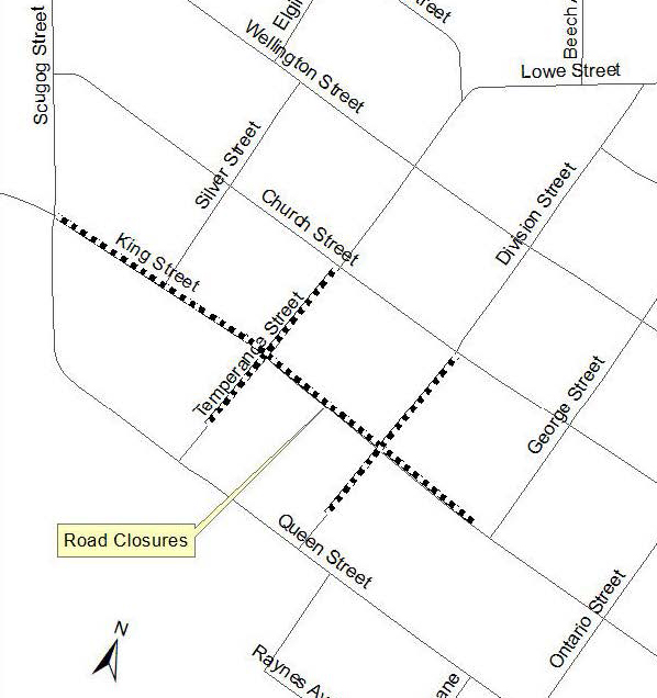 Map showing key road closures.