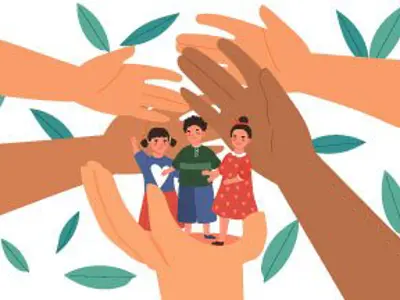 Illustrated hands holding up children to keep them safe.