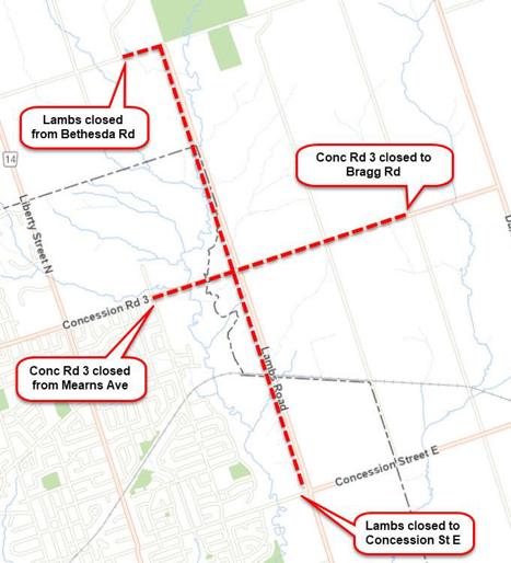 Road closure on Lambs Road and Concession Road 3.